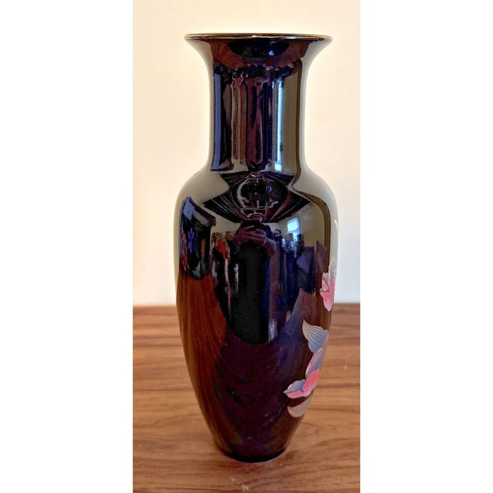 Vintage Black Hand Painted Art Black Pottery Vase 11” Japanese Tulips